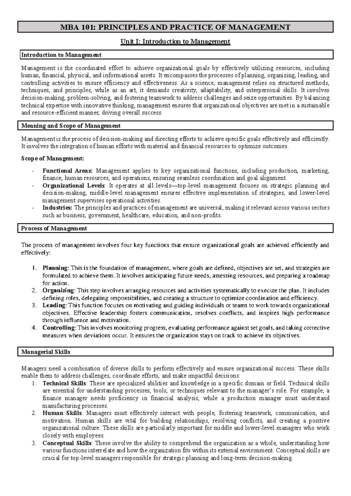 MBA 101 - Principles & Practice of Management | Study Notes - Studocu