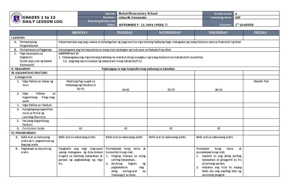 DLL Mathematics 6 Q1 W7 - Dividing Numbers & Decimals Lesson Plan - Studocu