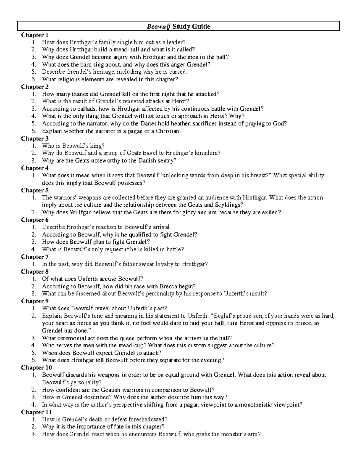 Beowulf study guide questions - Beowulf Study Guide Chapter 1 1. How ...