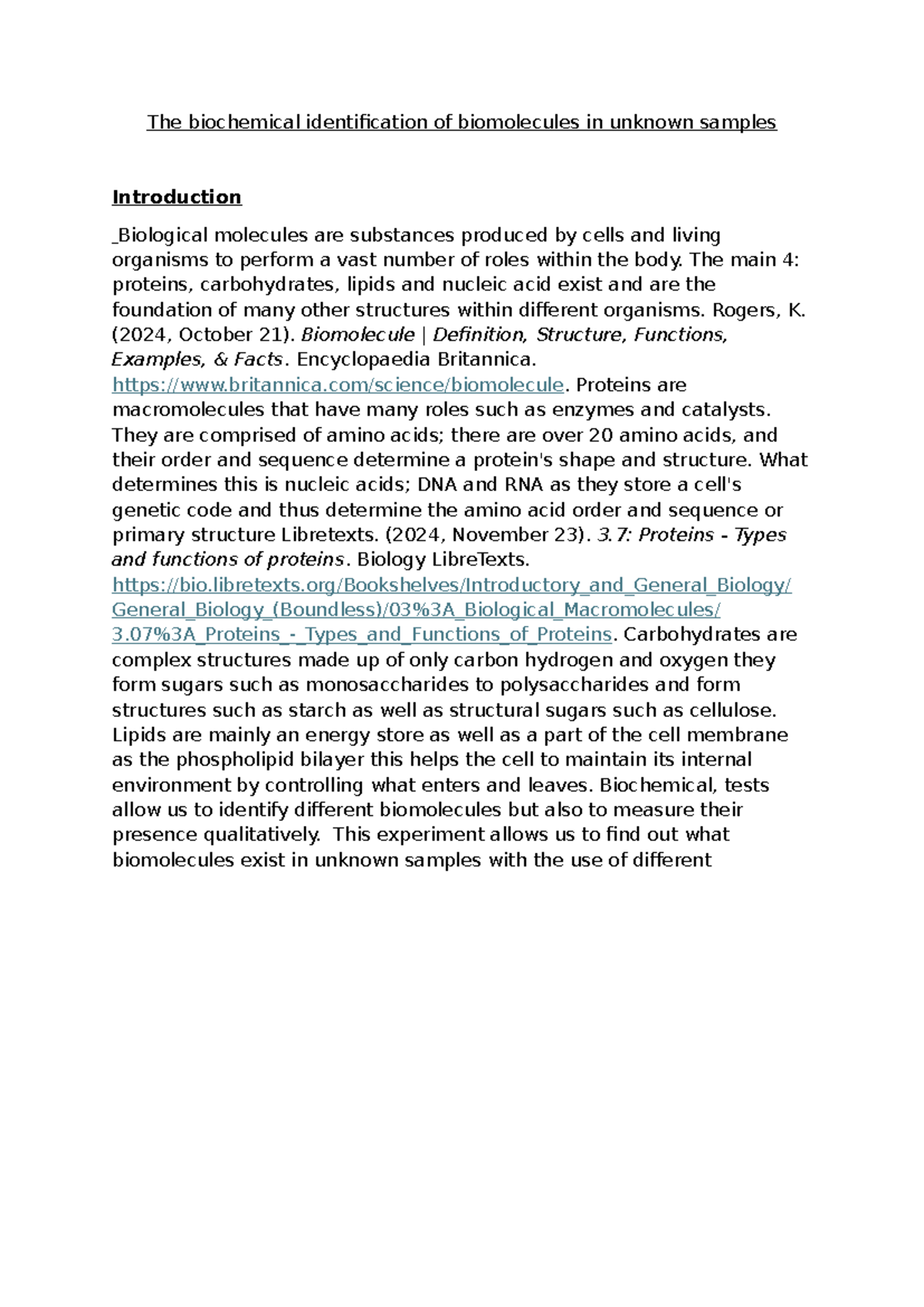 Biochemical Identification of Biomolecules: Lab Report (BIO 101) - Studocu