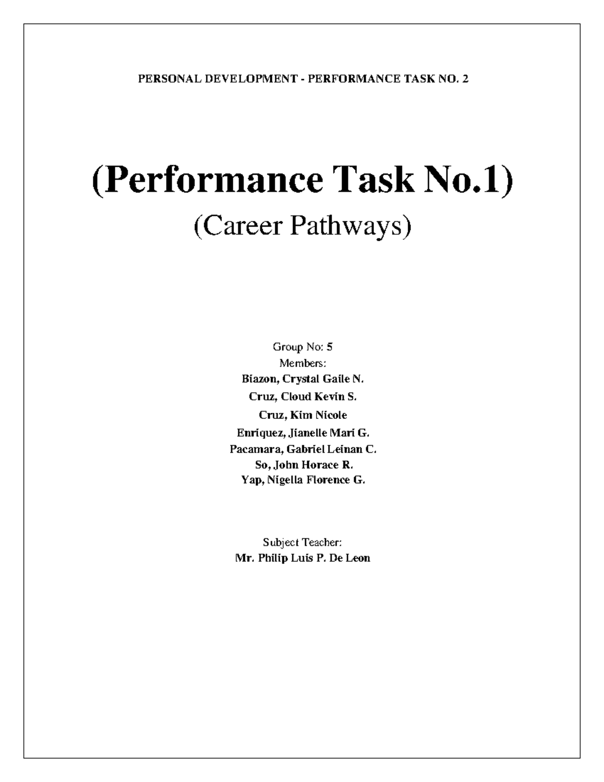 Personal- Development-Palaro - PERSONAL DEVELOPMENT - PERFORMANCE TASK ...