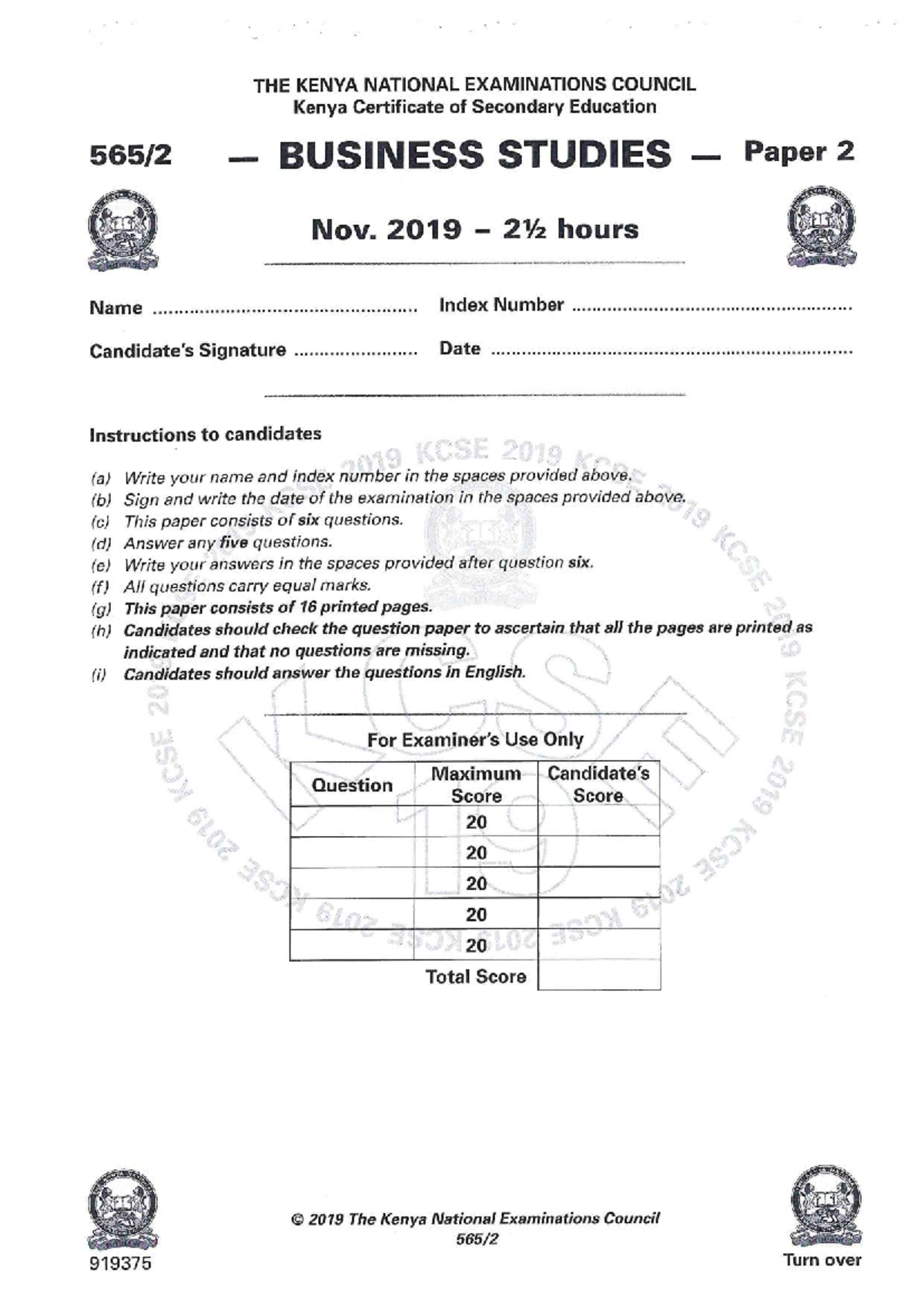 2019 KCSE Business Studies Paper 2 Exam Questions and Instructions ...