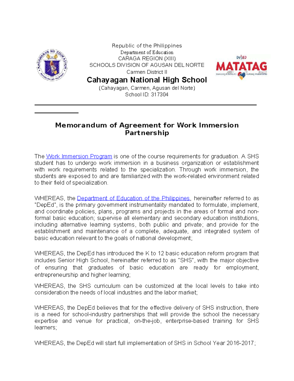 MOA for Work Immersion Partnership: SHS Program Guidelines - Studocu