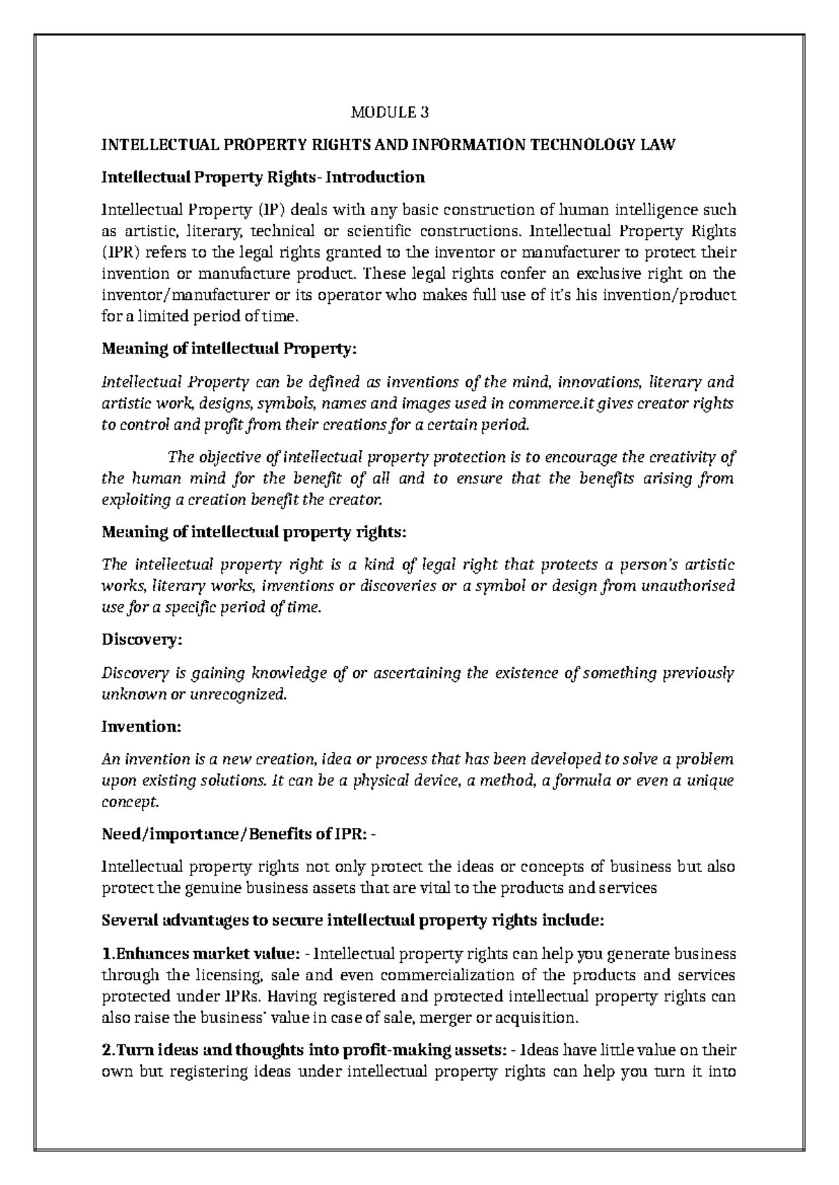 BR 3: Intellectual Property Rights & IT Law Overview and Insights - Studocu