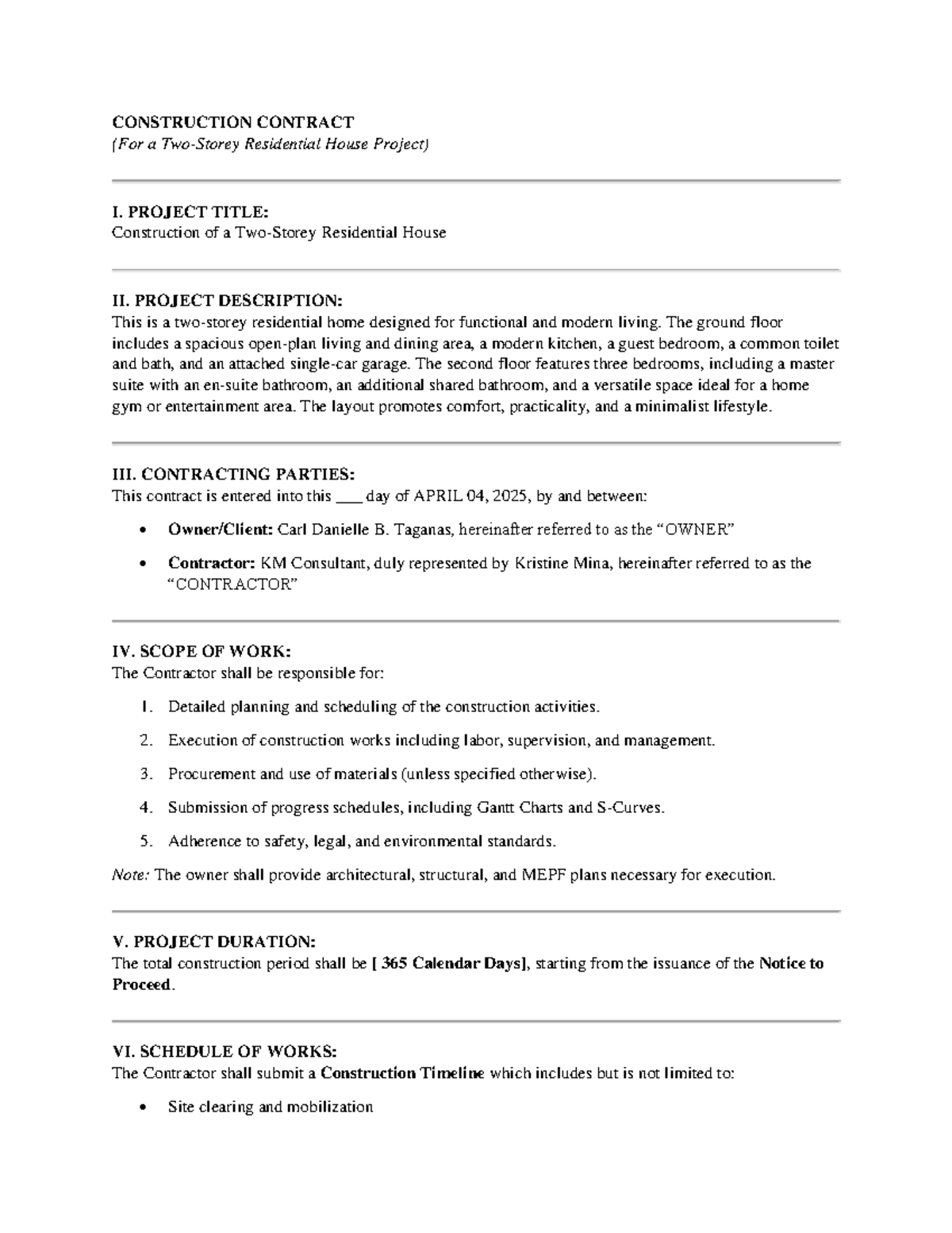 Construction Contract for Residential House Project (2025) - Studocu