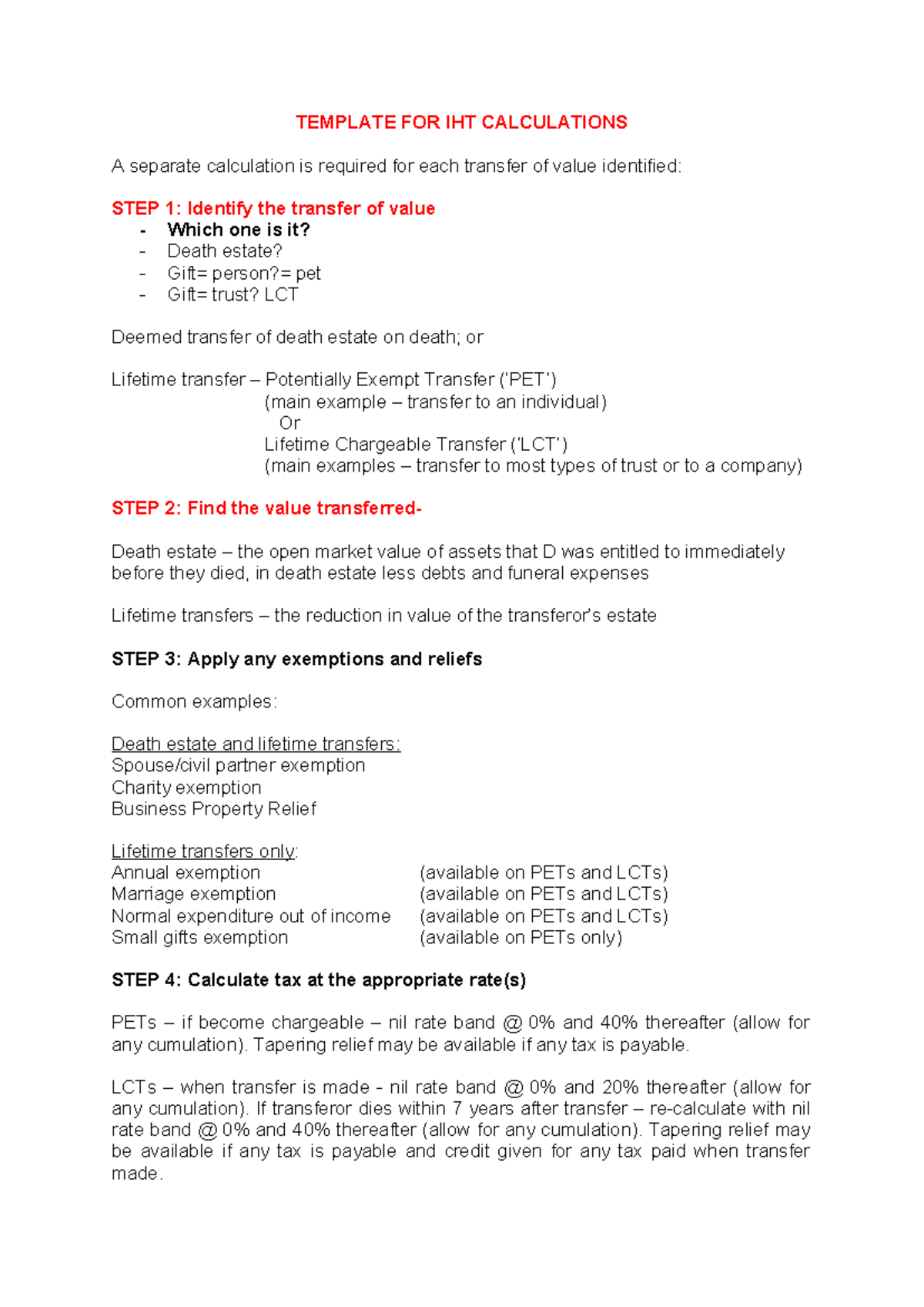 IHT Calculation Template: Step-by-Step Guide for Transfers - Studocu