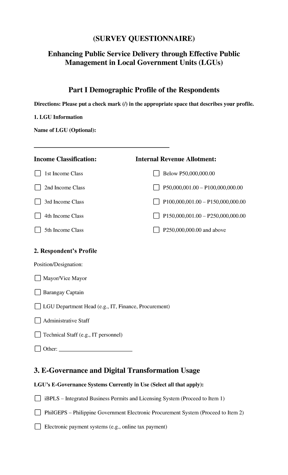 (SURVEY QUESTIONNAIRE) Enhancing Public Service Delivery in LGUs ...