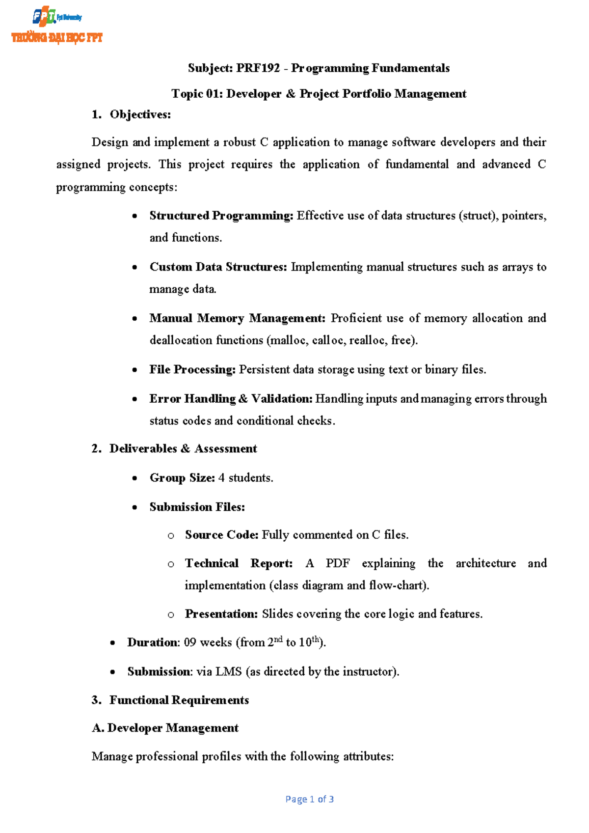 Project Assignment Final PRF192 SP26: Developer Portfolio Management ...