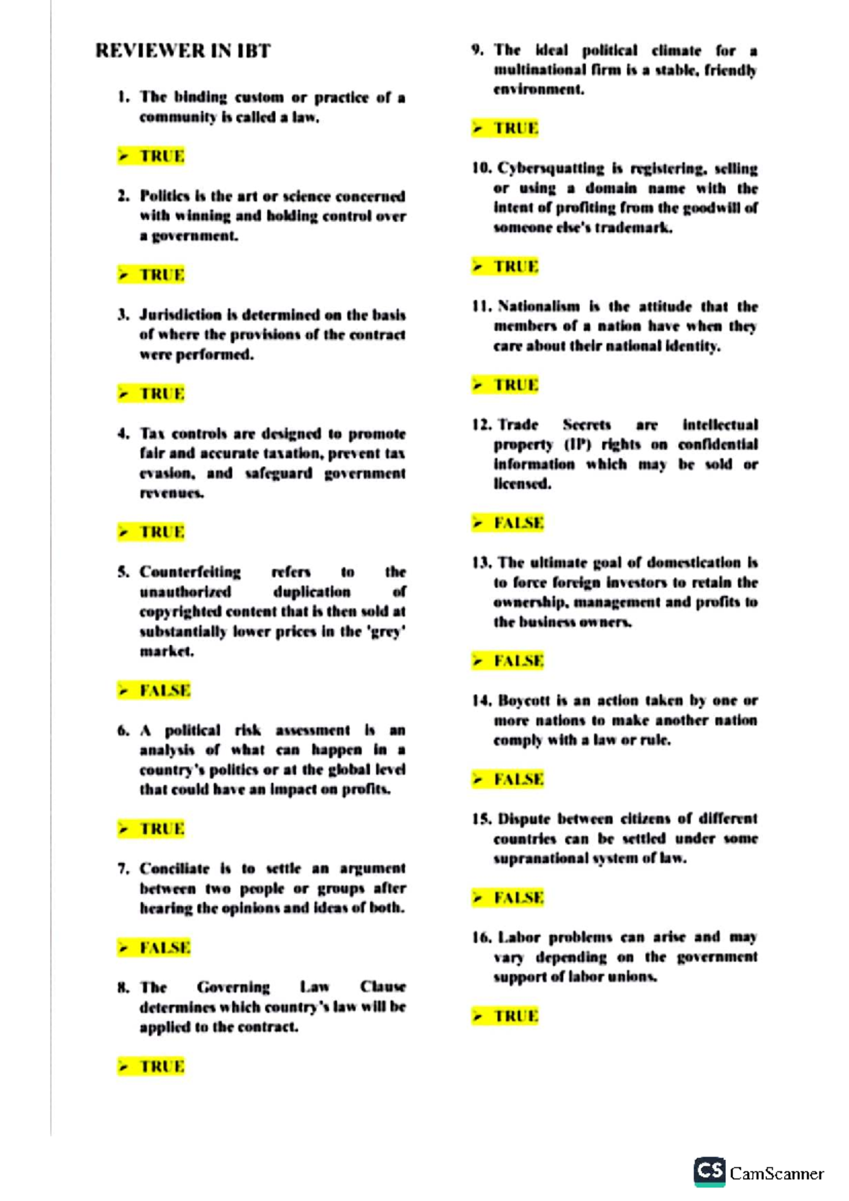 REVIEWER IN IBT 9: Political and Legal Concepts for Multinational Firms ...