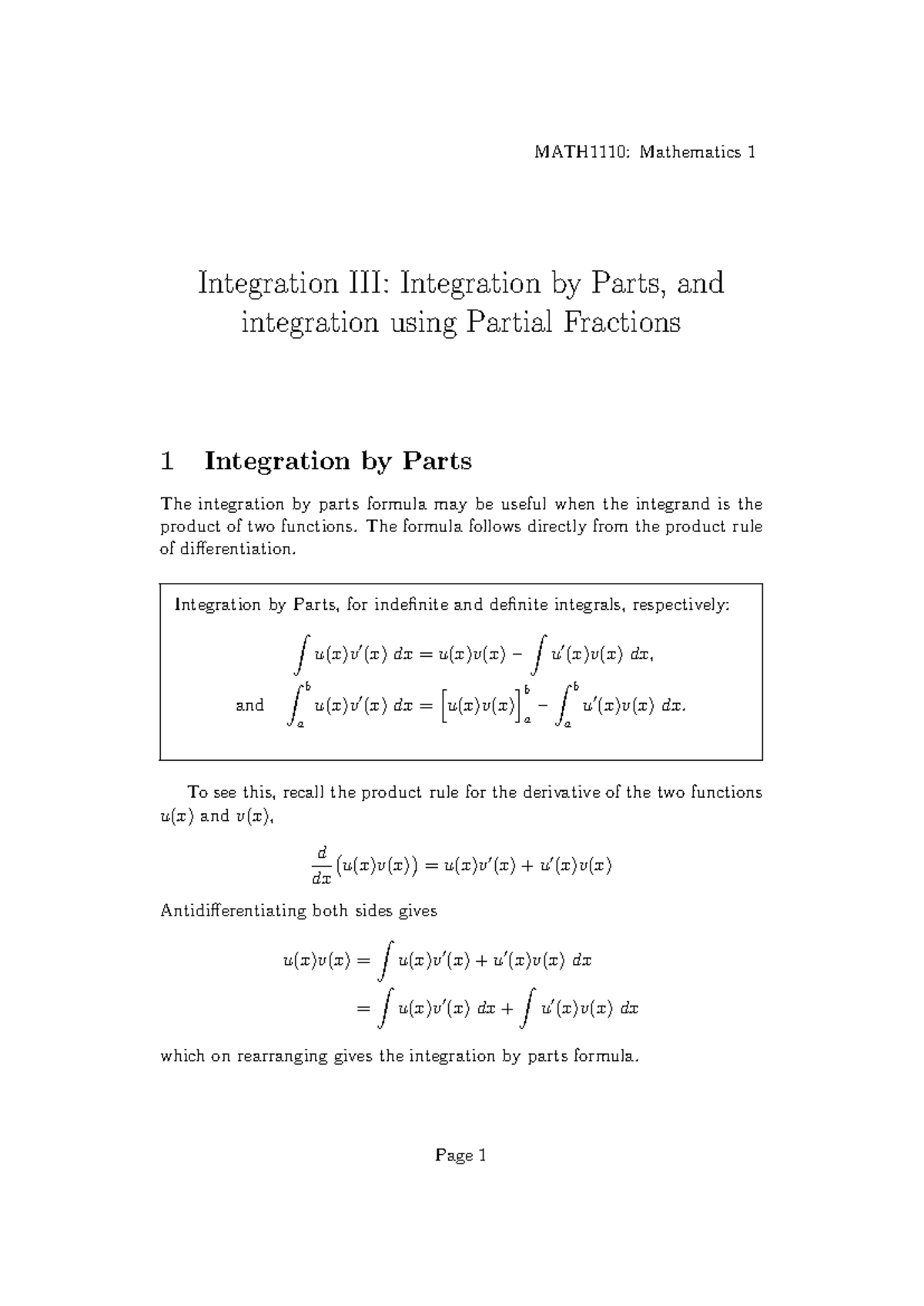 Mathematics 1 Lecture 19: Integration by Parts & Partial Fractions ...