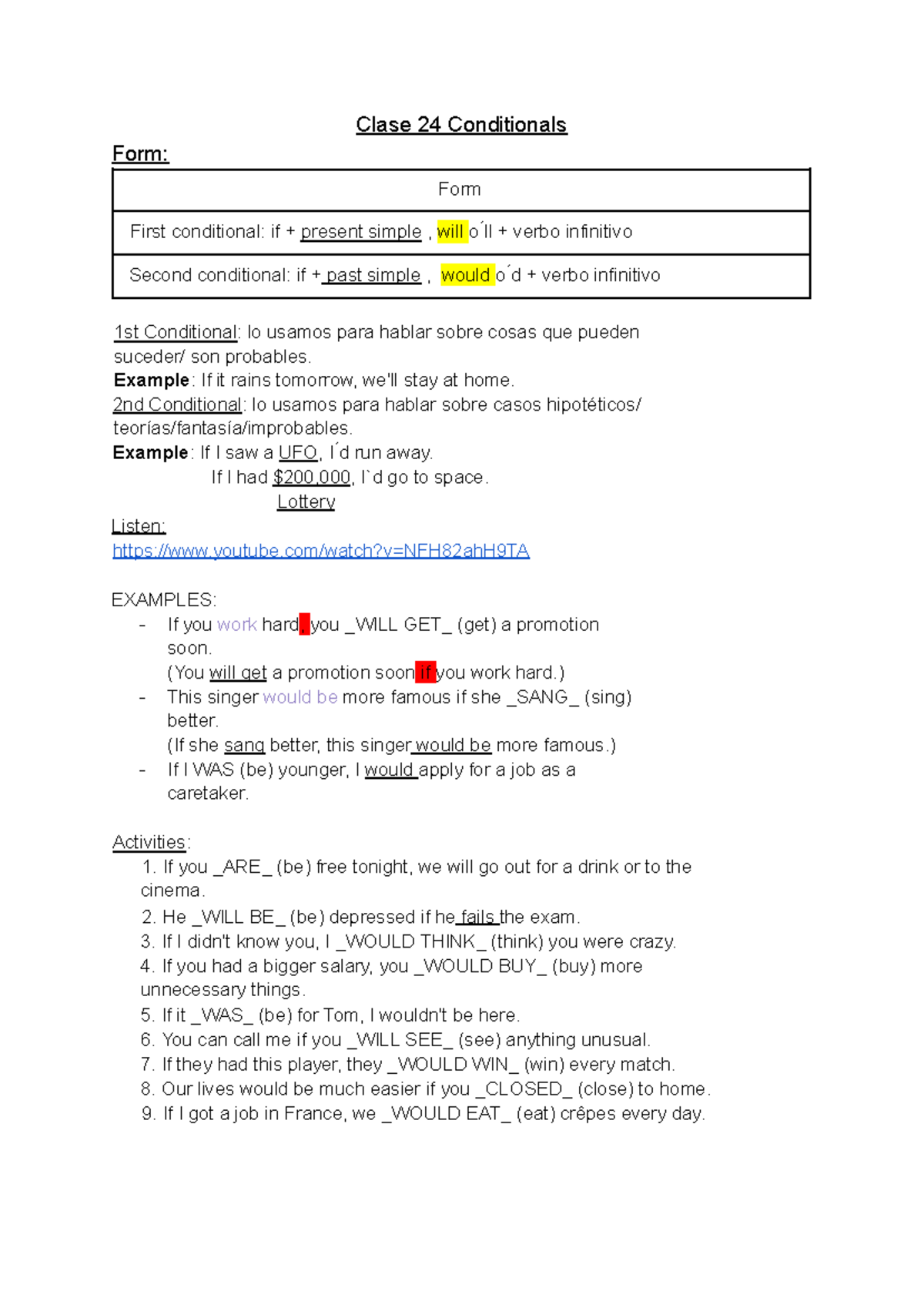 Clase 24: Conditionals - First and Second Conditional Explained - Studocu