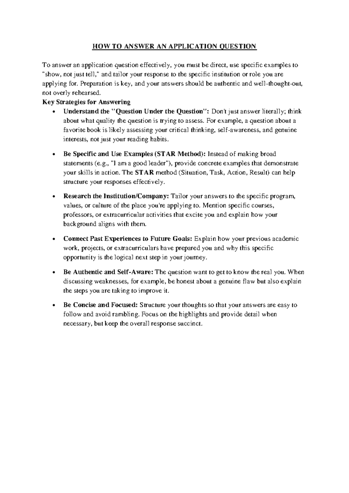Effective Strategies for Answering Application Questions - Studocu