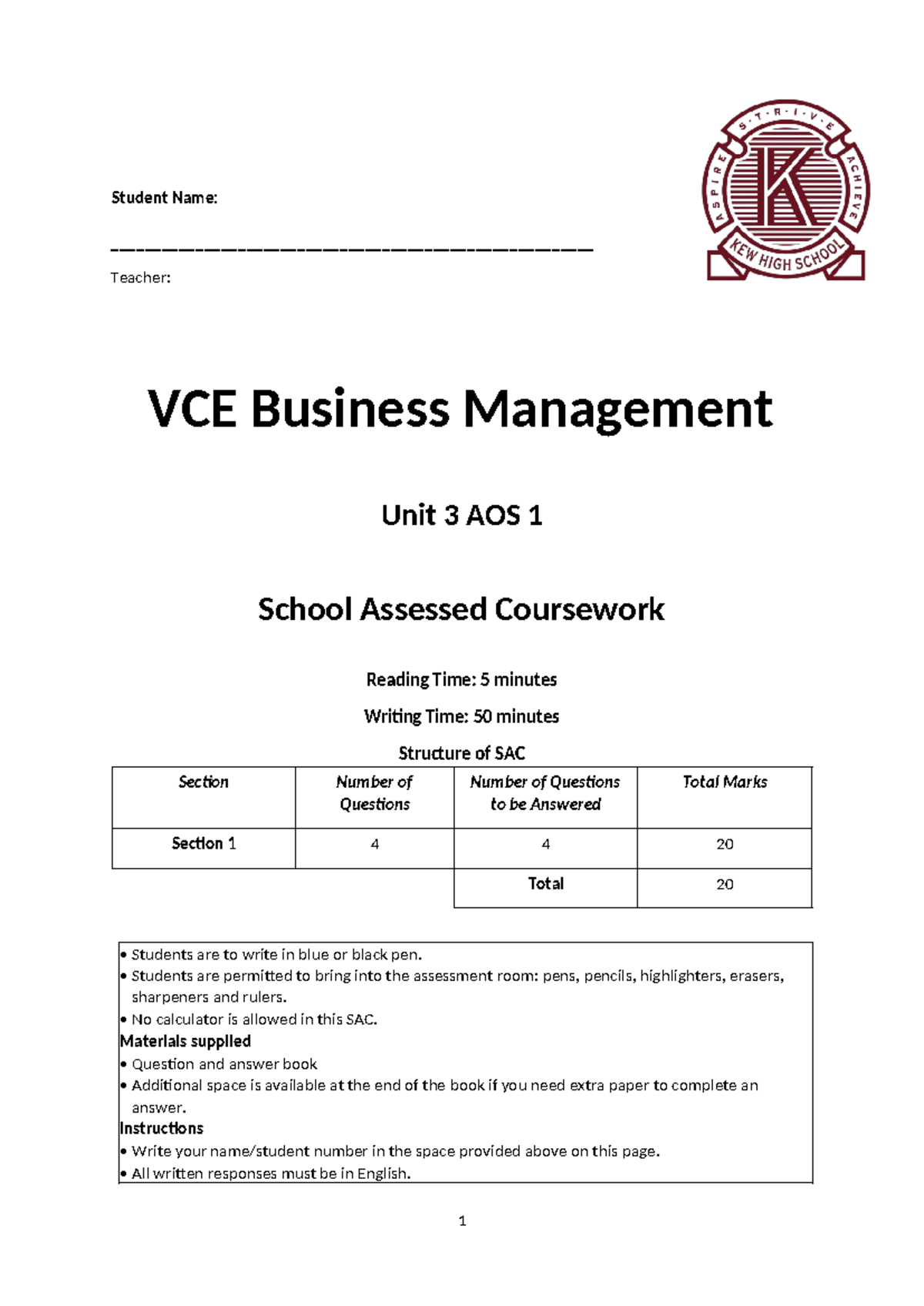 Unit 3 Business Management SAC 1 2024: Assessment Guidelines and Sample ...
