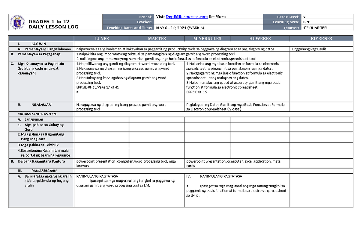 DLL EPP 5 Q4 W6 - practice materials - GRADES 1 to 12 DAILY LESSON LOG ...