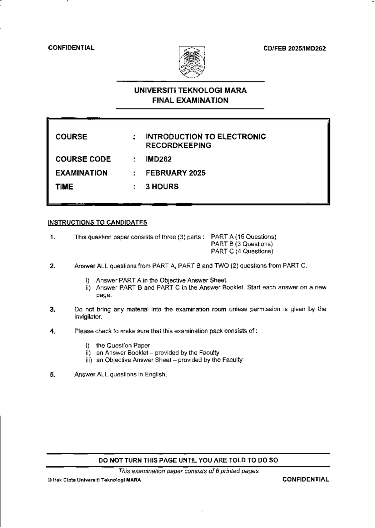 IMD262 - Final Exam Paper on Electronic Recordkeeping - Studocu