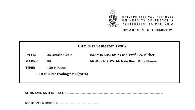 CHM 181 Semester Test 2 Section A Memo - LQ 2024 - Studocu