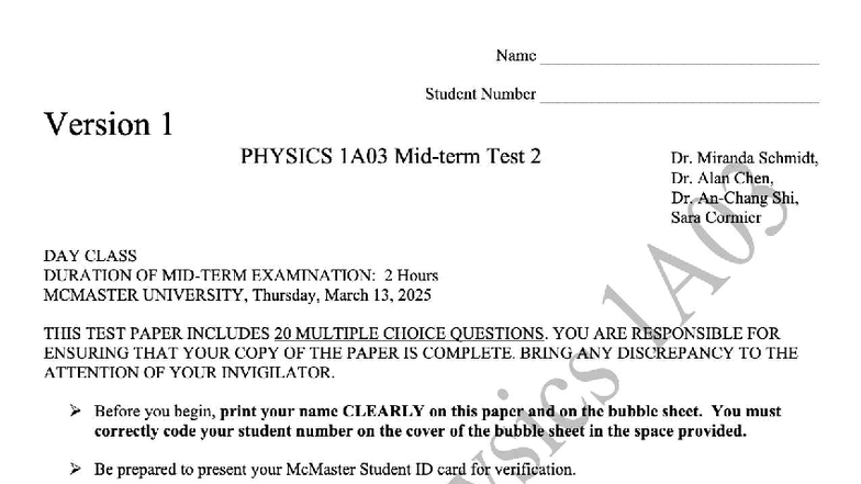 PHYSICS 1A03 Test 2 - Multiple Choice Questions Guide - Studocu