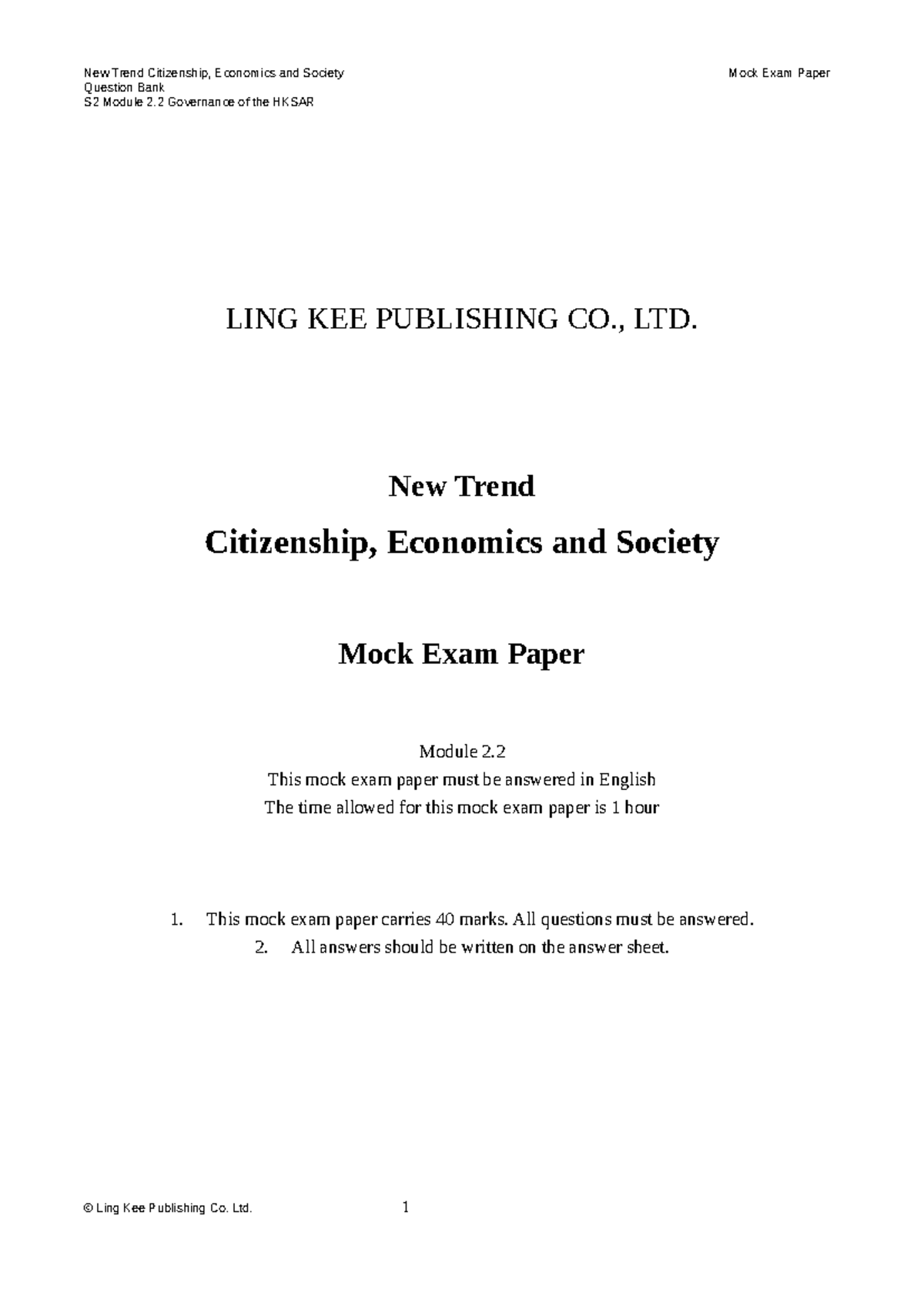 S2 Mock Exam Paper: Governance of the HKSAR - Question Bank - Studocu