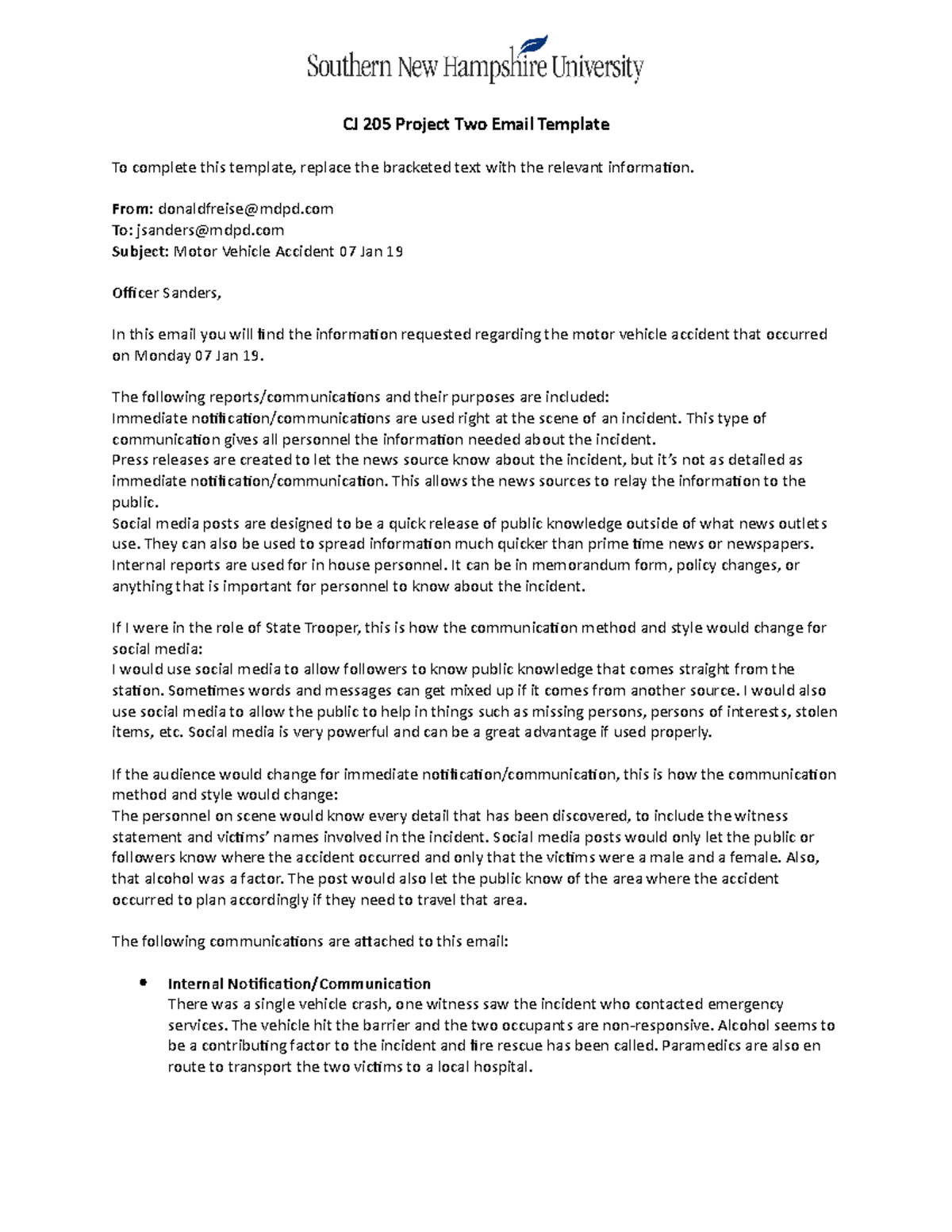 CJ 205 Project Two: Email Template for Motor Vehicle Accident Response ...