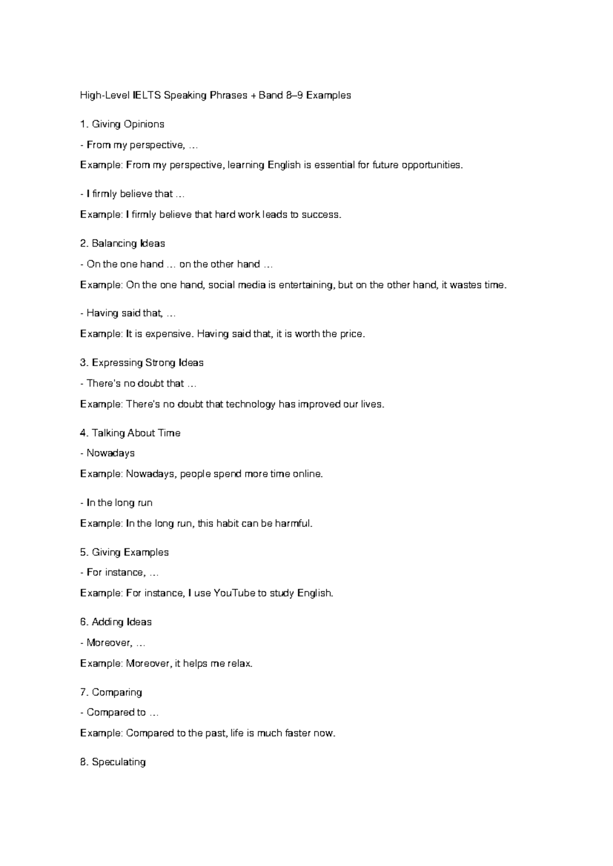 IELTS Speaking Phrases with Examples for Band 1 - Studocu