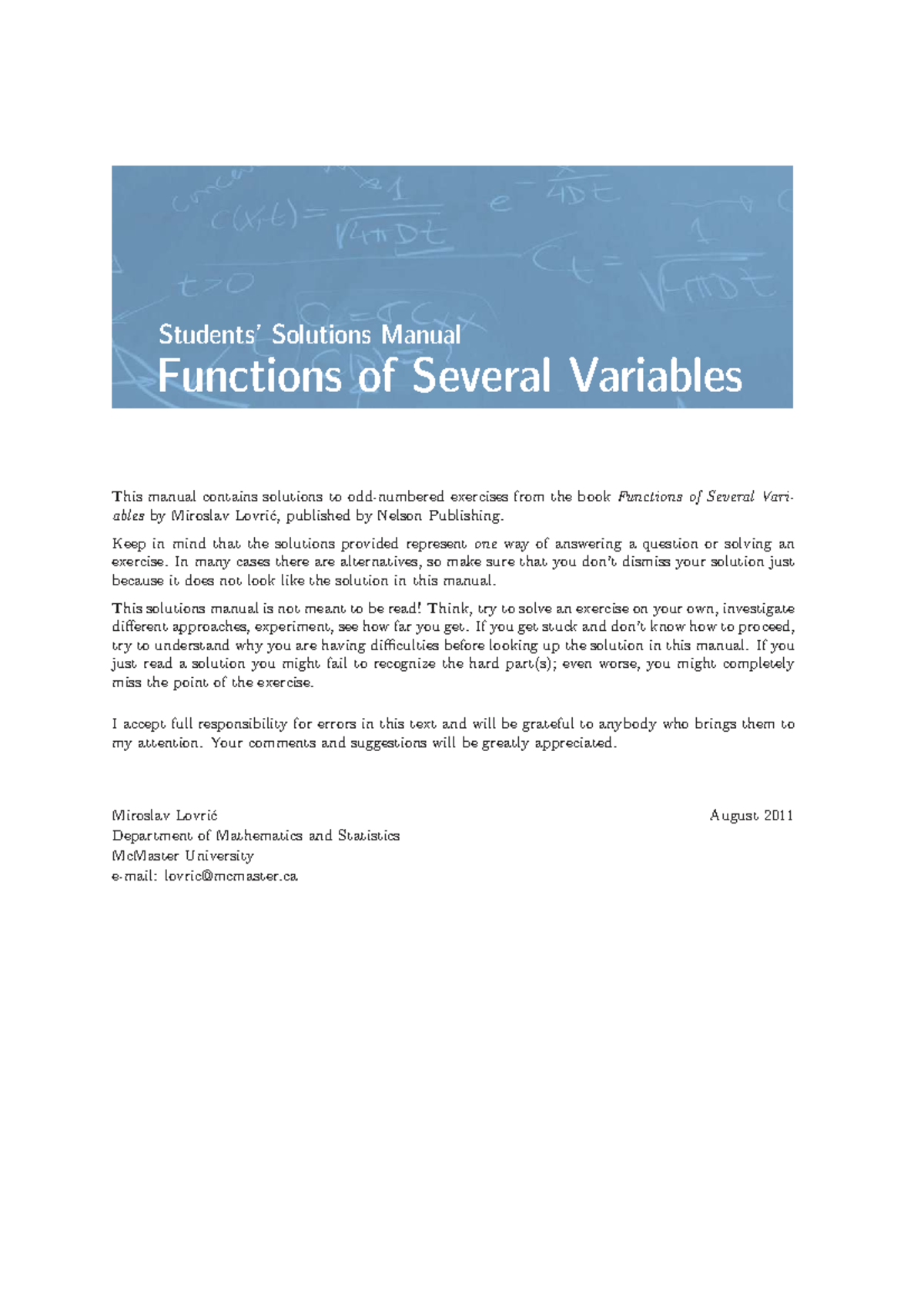 Solutions Manual: Functions of Several Variables (Practice Questions ...
