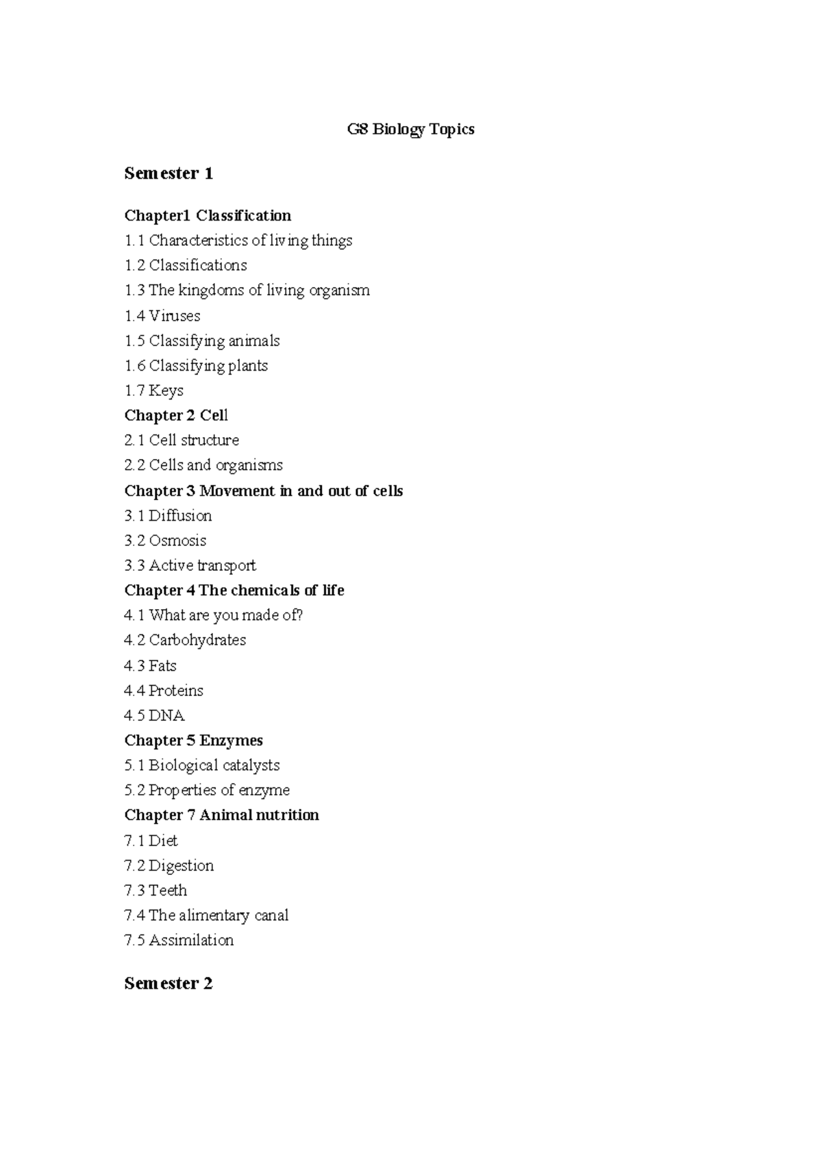 G8 Biology Topics: Semester 1 & 2 Overview and Key Concepts - Studocu