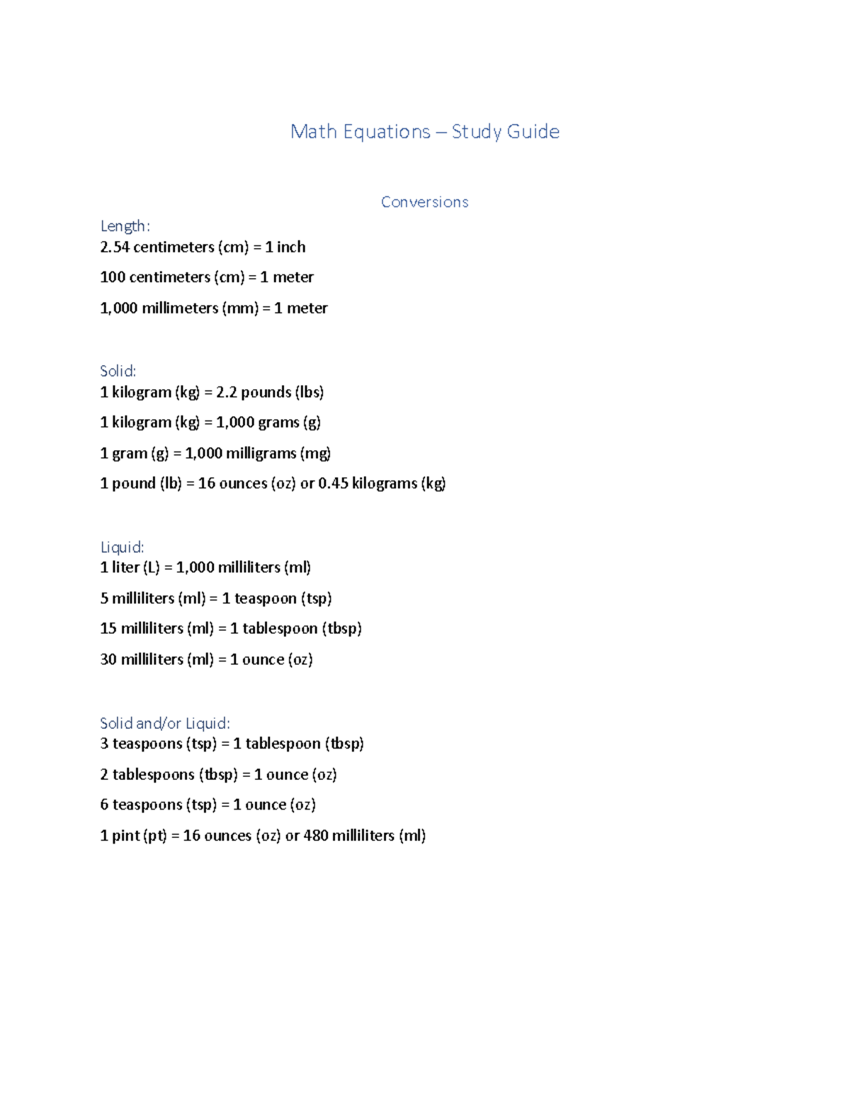 Math Conversions Study Guide - Length, Solid, Liquid Measurements - Studocu
