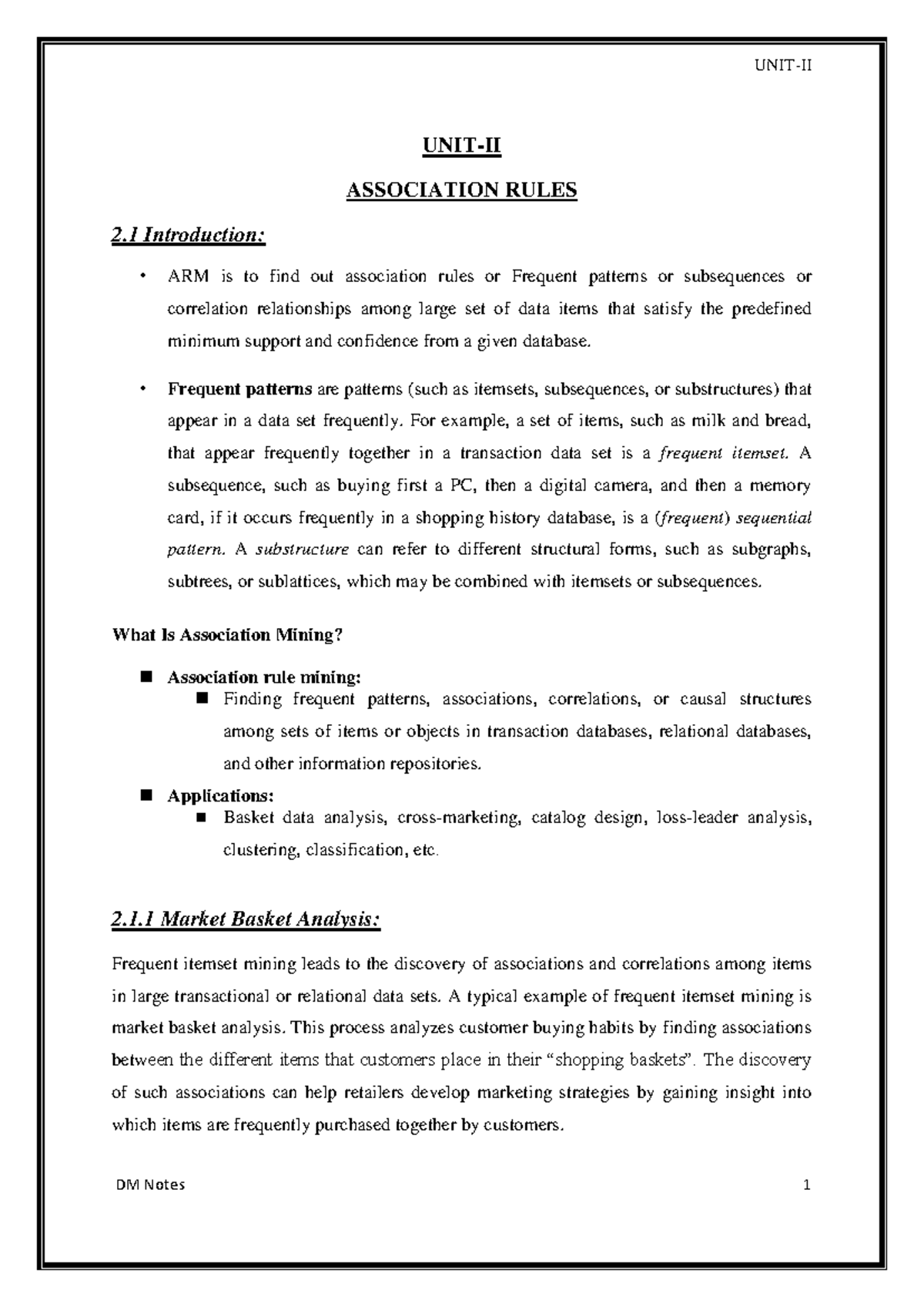 DM UNIT-II R16 - Association Rules and Frequent Patterns Overview - Studocu