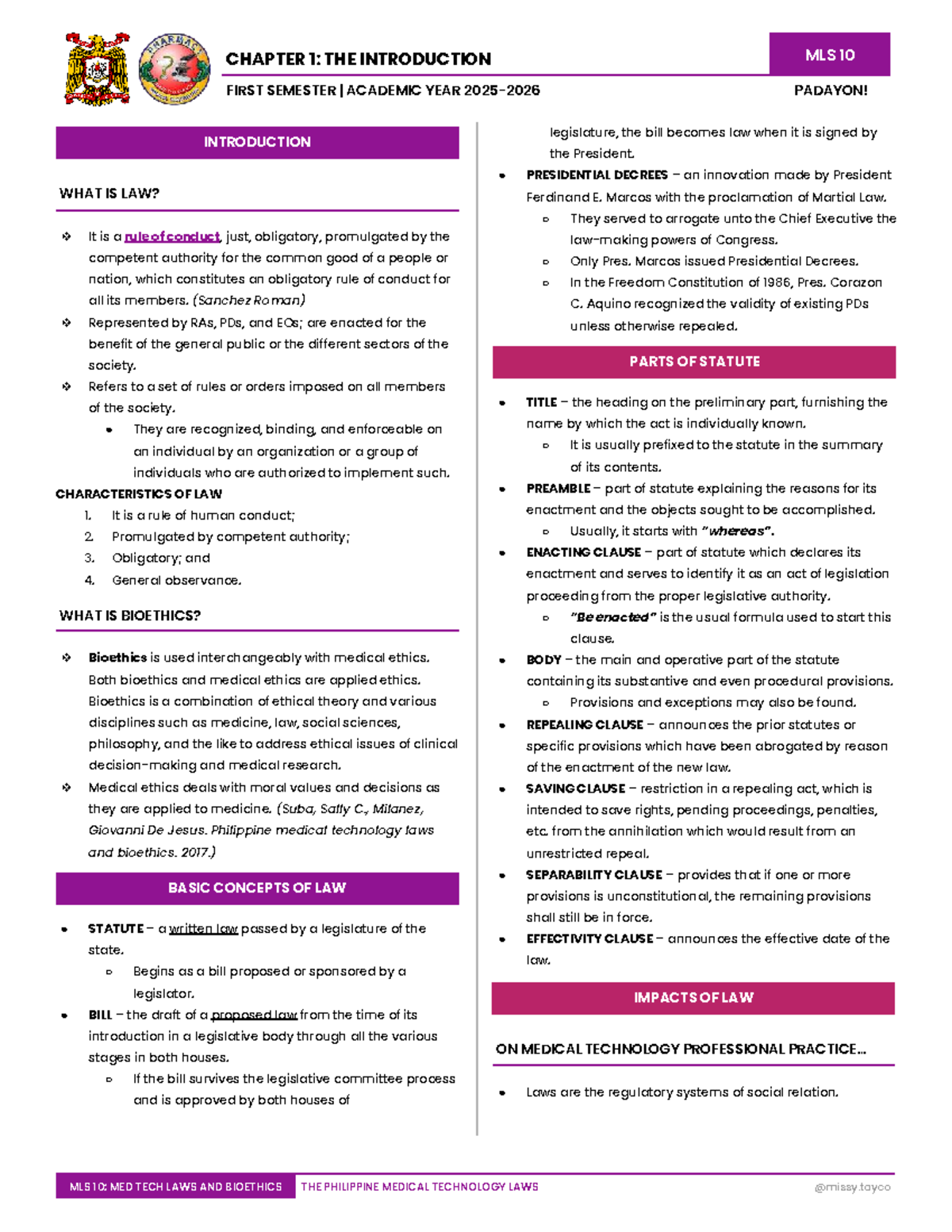 MLS 10 CHAPTER 1: INTRODUCTION TO MED TECH LAWS AND BIOETHICS - Studocu