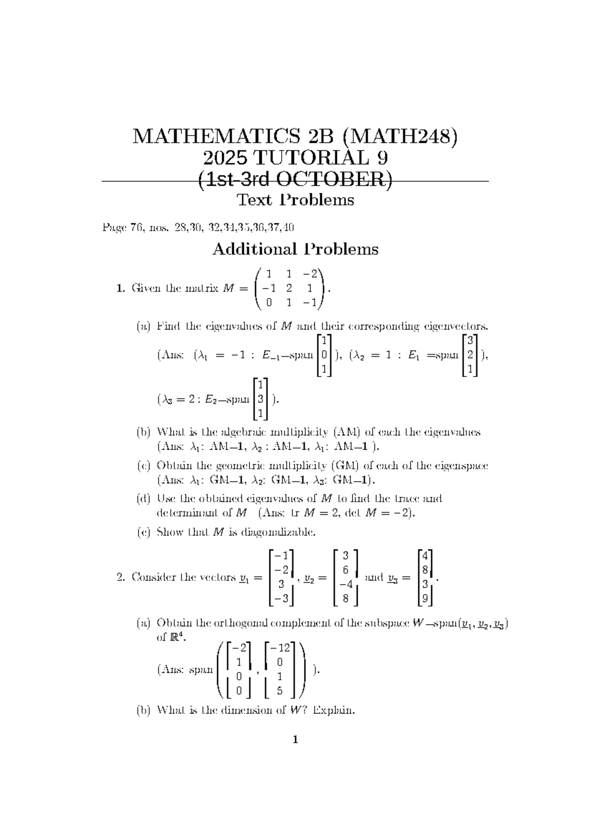 MATHEMATICS 2B (MATH248) 2025 TUTORIAL 9: Eigenvalues & Projections ...