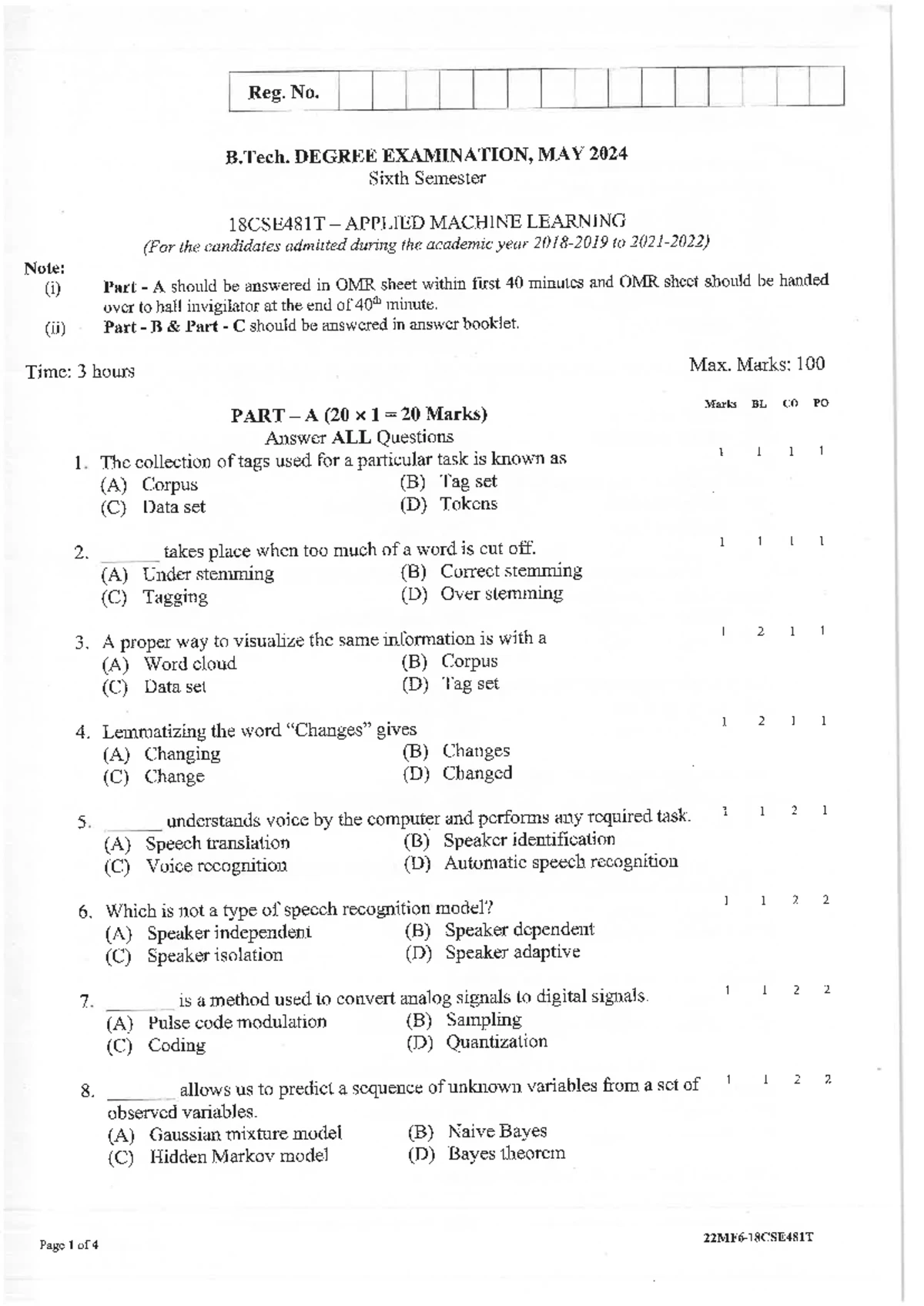 18CSE481T Applied Machine Learning Syllabus Overview and Outcomes - Studocu