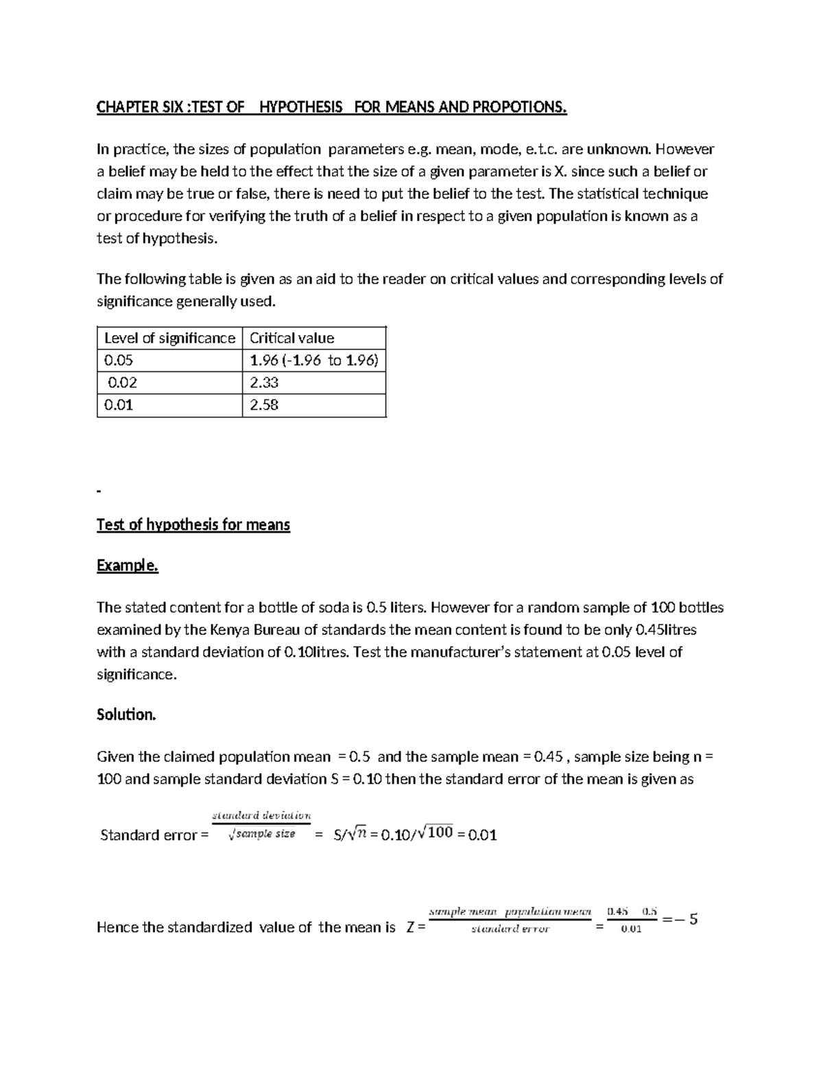 CHAPTER 6: Test of Hypothesis for Means & Proportions - Lecture Notes ...