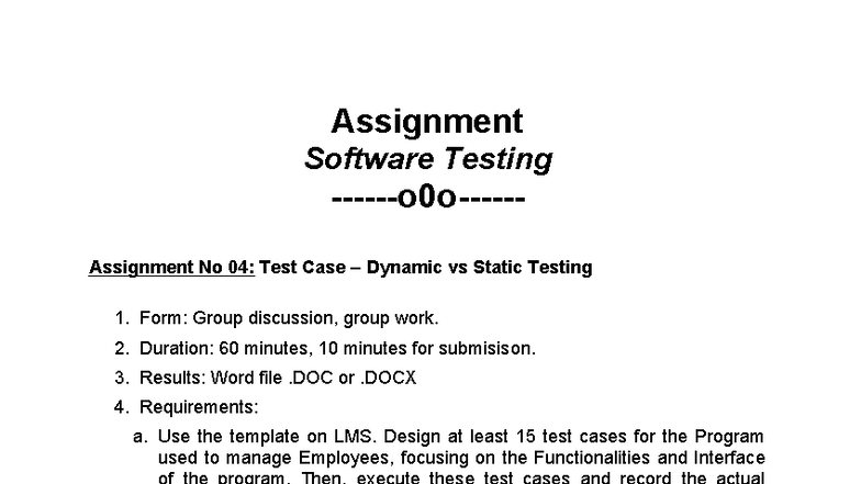 Software Testing Assignment No 04: Dynamic vs Static Test Cases - Studocu