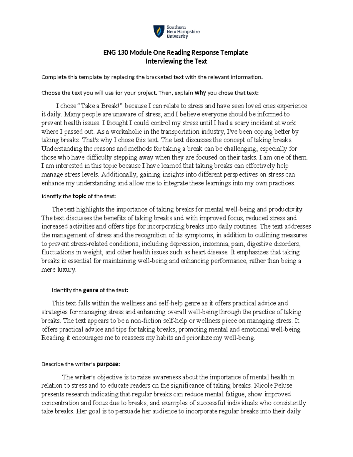 ENG 130 Module One Reading Response: The Importance of Taking Breaks ...