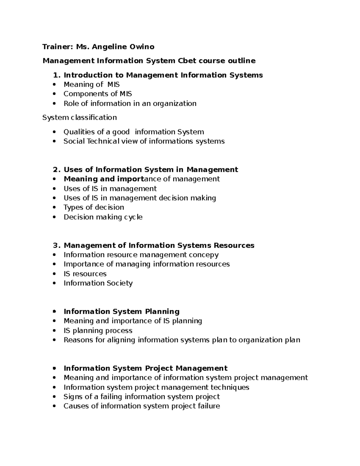 MIS CBet Course Outline: Management Information Systems Overview - Studocu