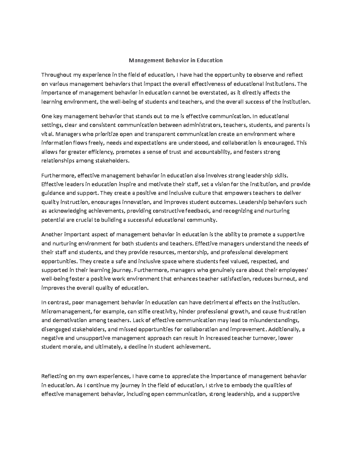 Reflection Paper: Benefits of Behavior Management in Education - Studocu