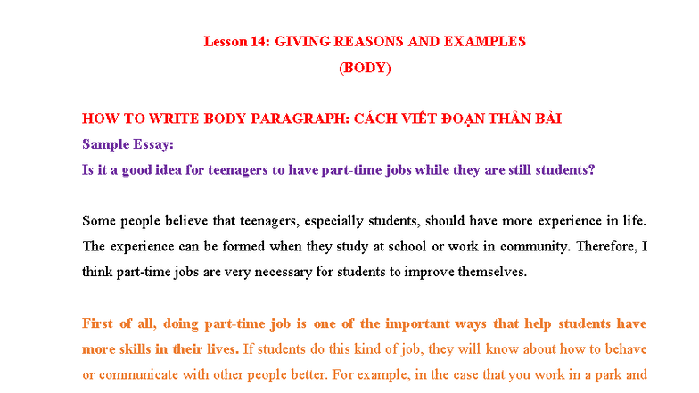 Lesson 14: Writing Body Paragraphs - Theory & Examples (LV3) - Studocu