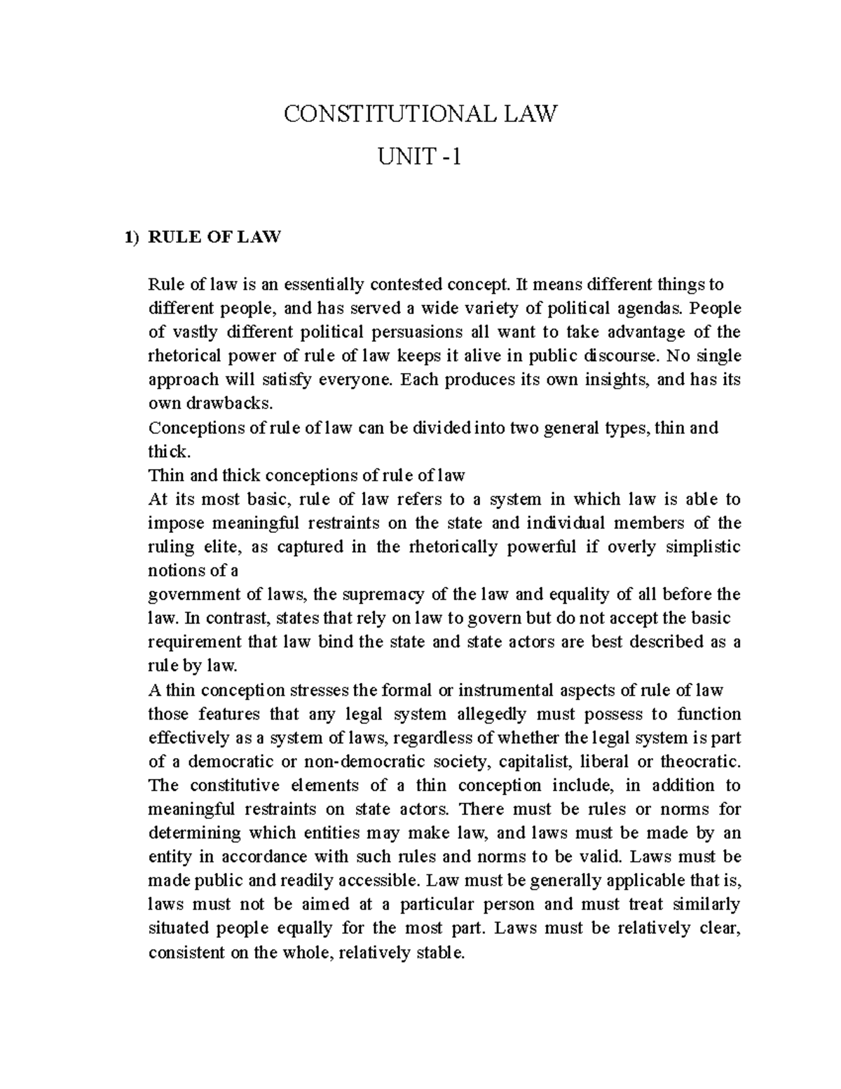 Constitutional LAW Notes - CONSTITUTIONAL LAW UNIT - 1) RULE OF LAW ...