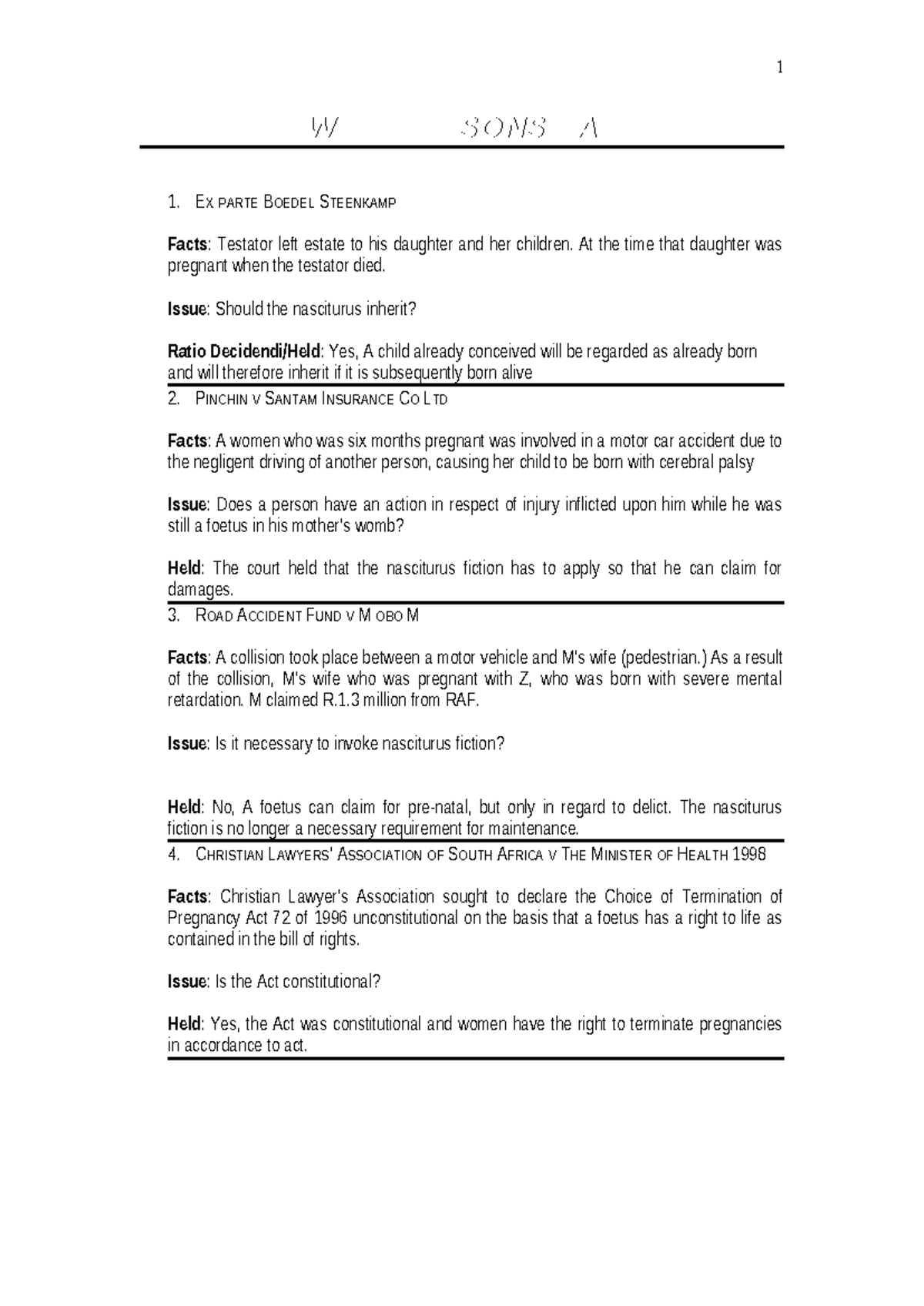 PVL1501 Law of Persons Case Summaries and Key Decisions - Studocu