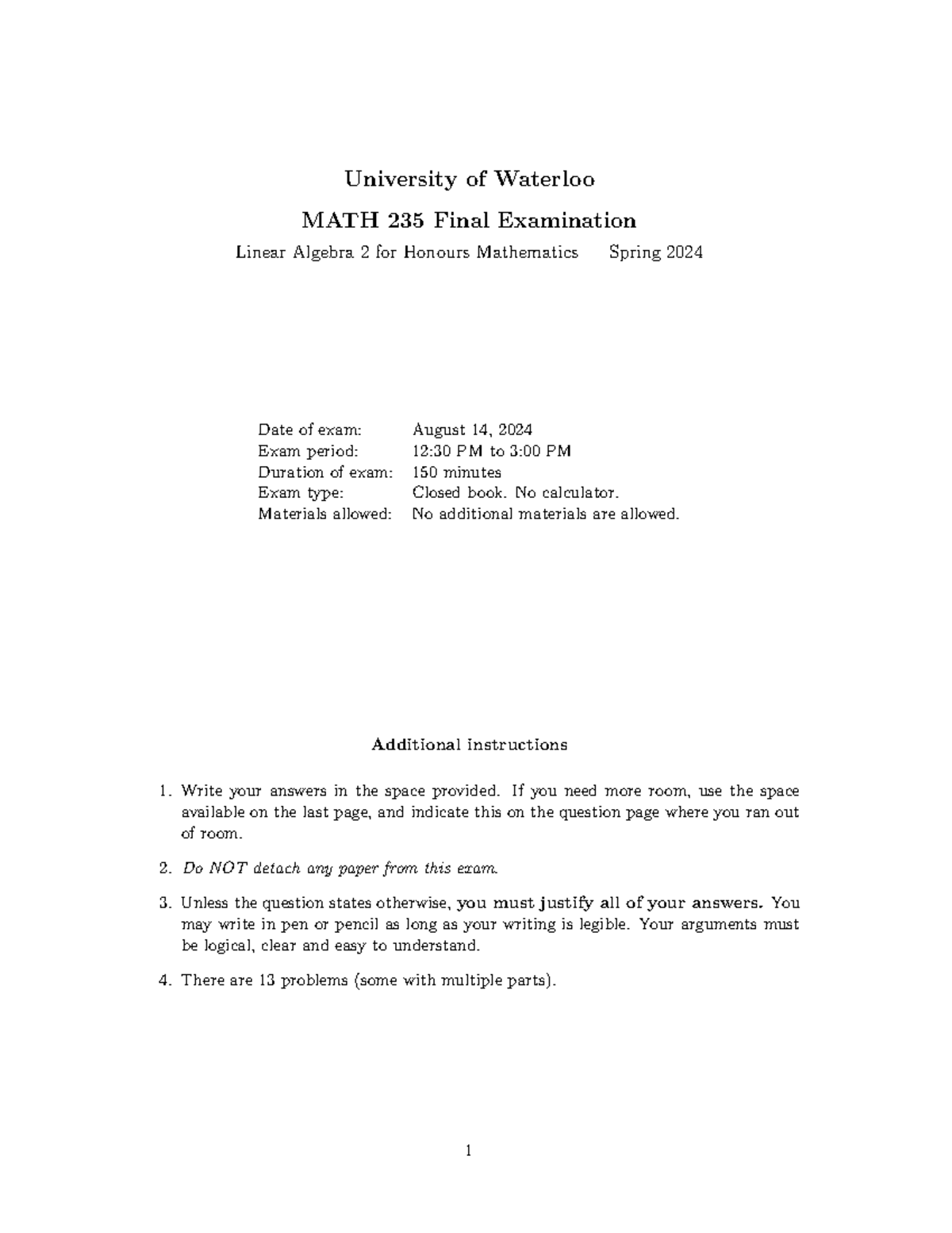 MATH 235 Final Exam Notes - Linear Algebra 2, Spring 2024 - Studocu