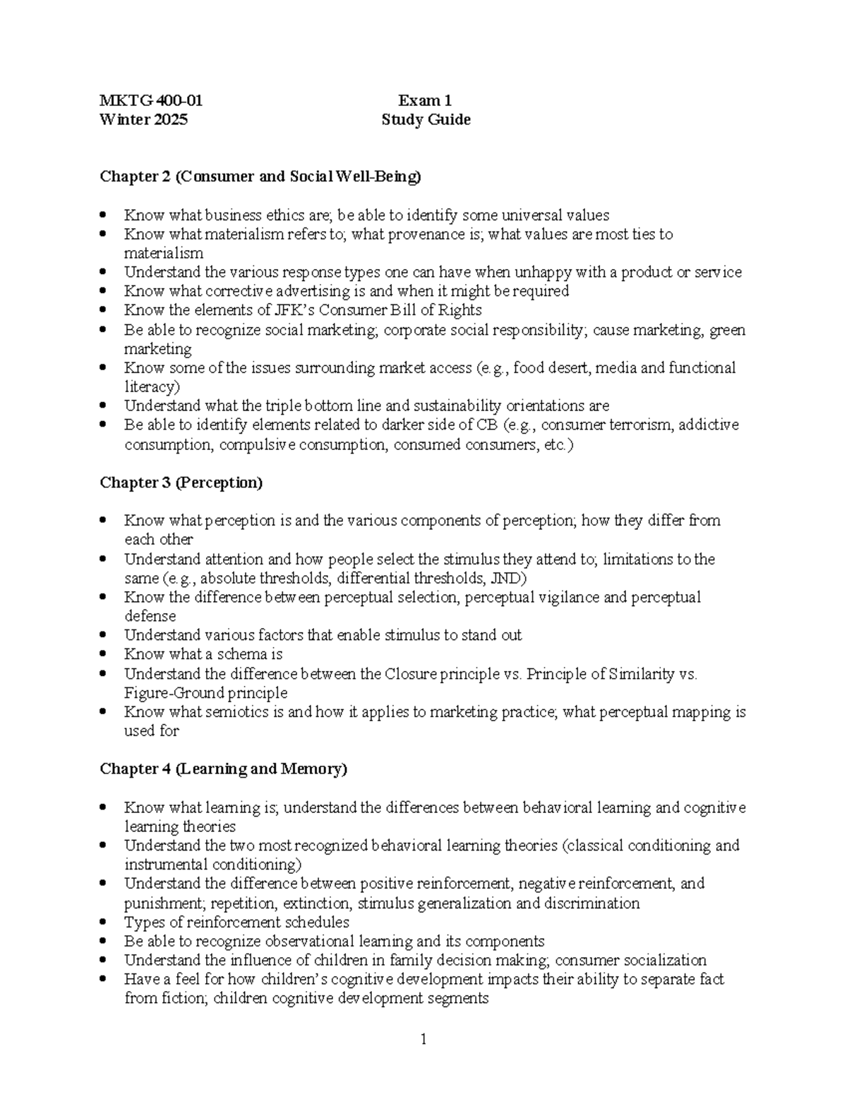 MKTG 400-01 Winter 2025 Exam 1 Study Guide: Consumer Behavior Insights ...