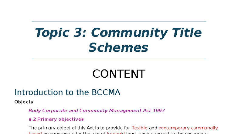 Week 3+4: Body Corporate & Community Title Schemes Overview - Studocu