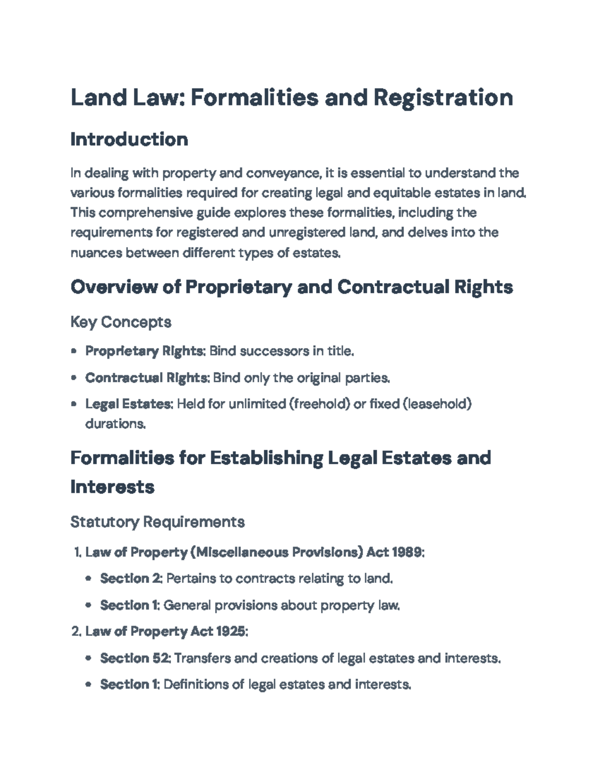 Land Law Formalities & Registration for Legal Estates (LP 1925) - Studocu