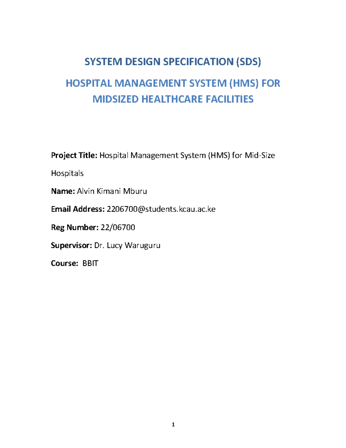 SDS for Hospital Management System (HMS) - BBIT 1 Project - Studocu