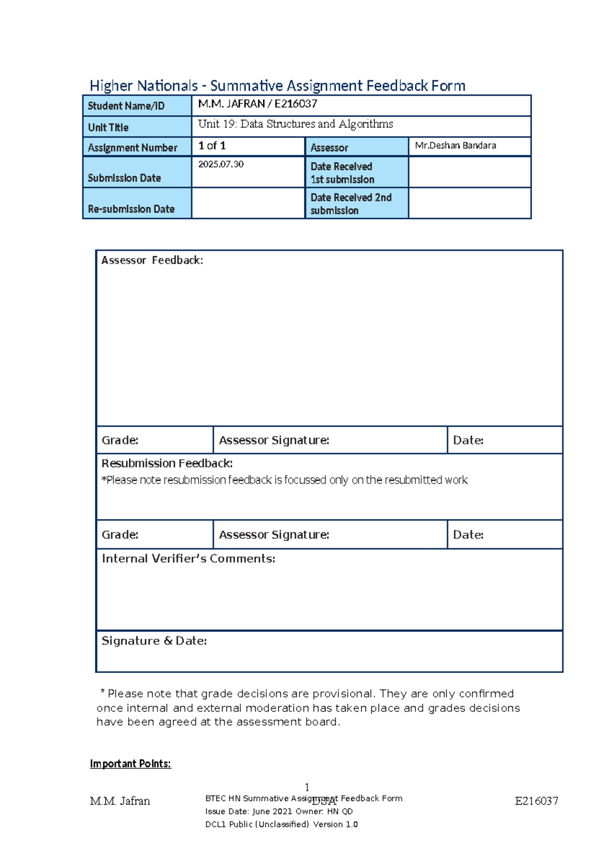 E216037 Unit 19: Data Structures & Algorithms Assignment Feedback Form ...