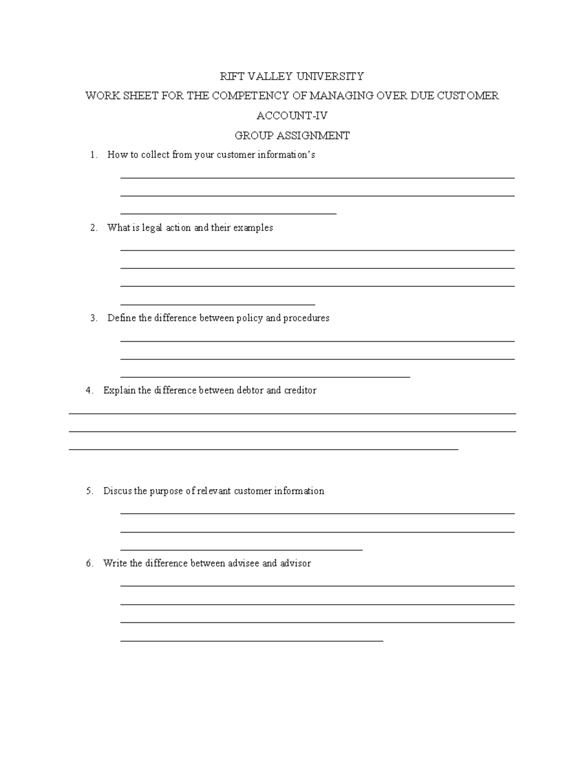 Over due customer account (assignment) - RIFT VALLEY UNIVERSITY WORK ...