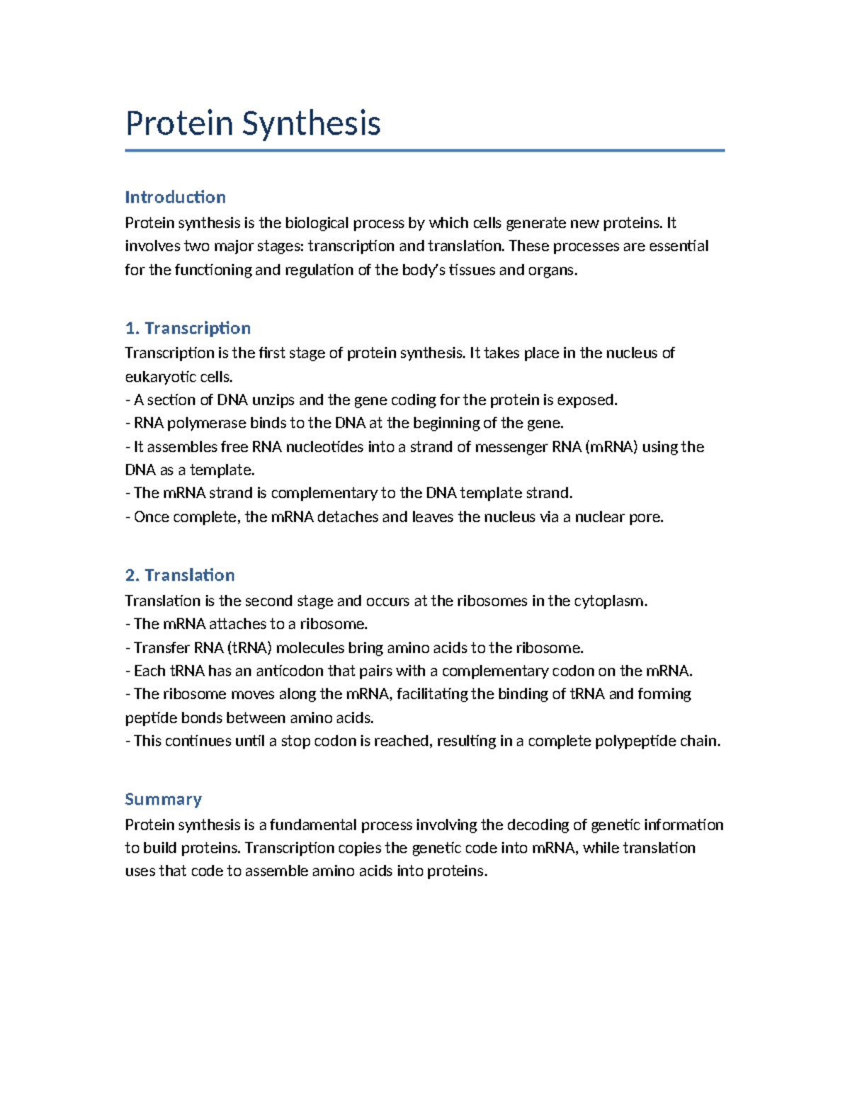 Protein Synthesis Overview: Transcription & Translation Explained - Studocu
