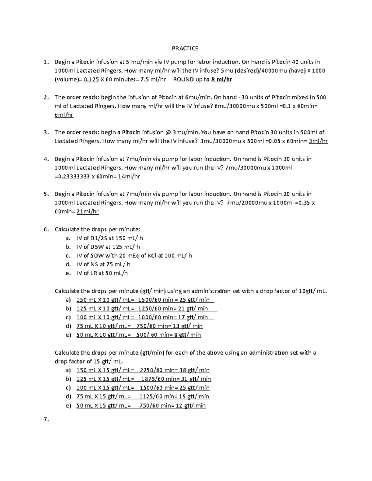 Practice Answer Key: Calculating IV Infusions & Fetal Monitoring - Studocu