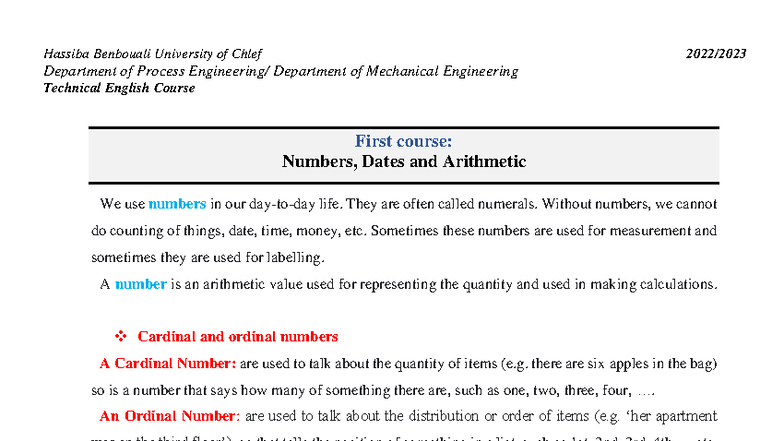 Technical English Course: Numbers, Dates & Arithmetic (ENG101) - Studocu