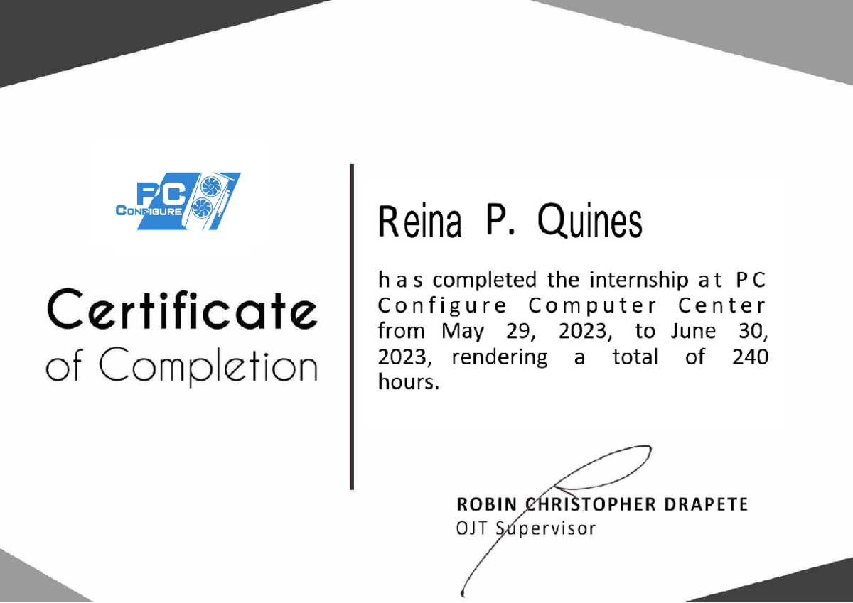 Cert of complition - Example of OJT Requirement. - IT Practicum - Studocu